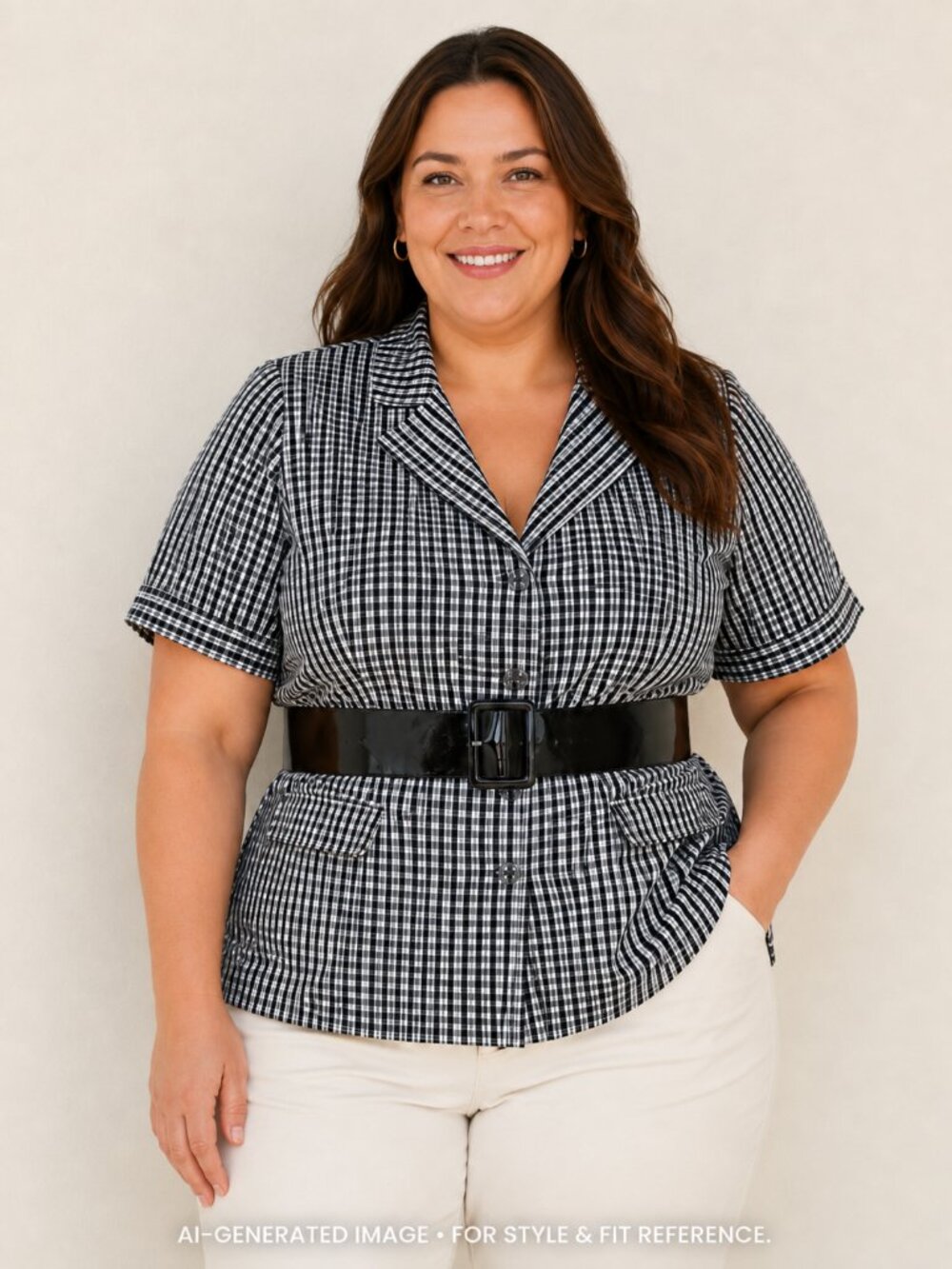 Venezia Black White Gray Gingham Top with Belt